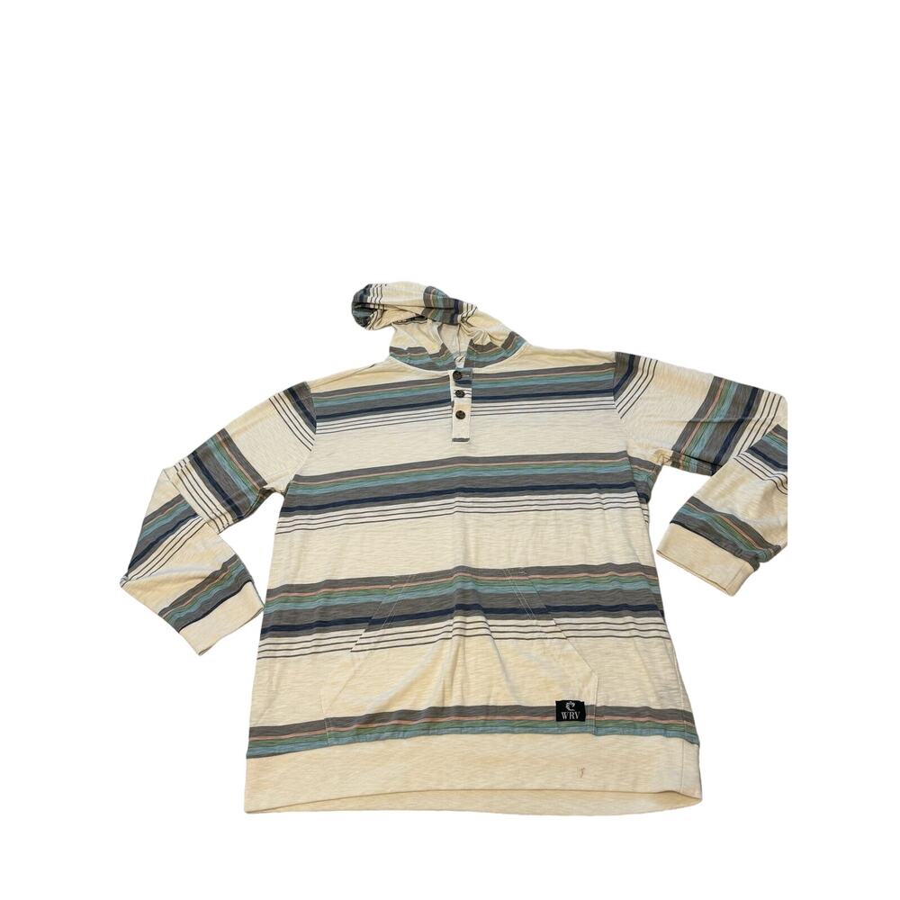 WRV mens hooded striped t shirt cream with green stripes size small